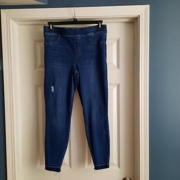 Spanx Pull On Skinny Jeans Womens XL Blue High Rise Ankle Distressed Raw Hem - Picture 1 of 14